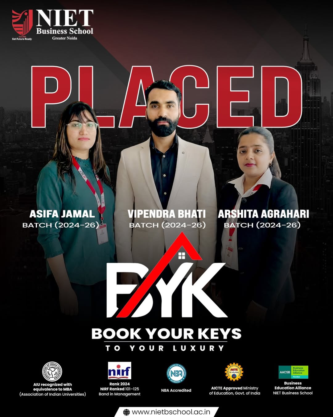 NIET Business School PGDM Batch 2024–26 Secures Placements with Book Your Keys