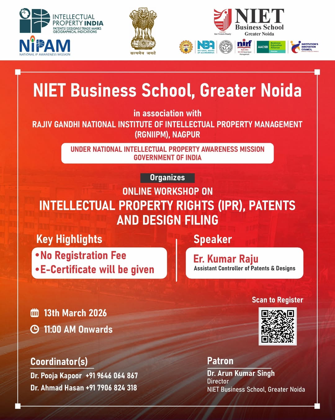 IPR Awareness Workshop 2026 on Patents &amp; Design Filing at NIET Business School