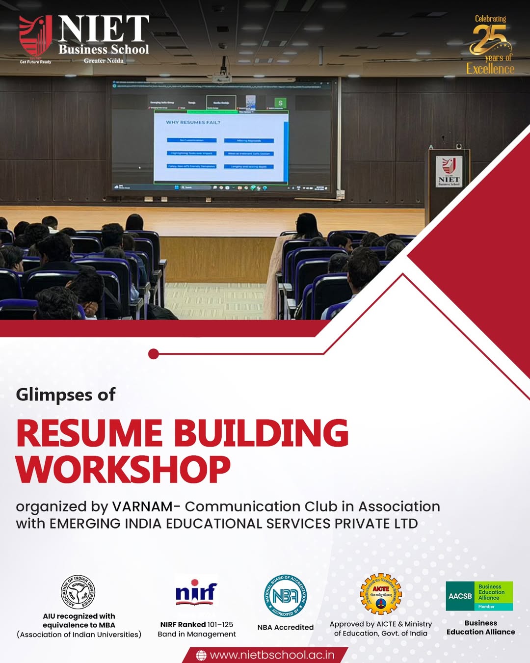 VARNAM Club Hosts Resume Building Workshop at NIET Business School with Emerging India Educational Services